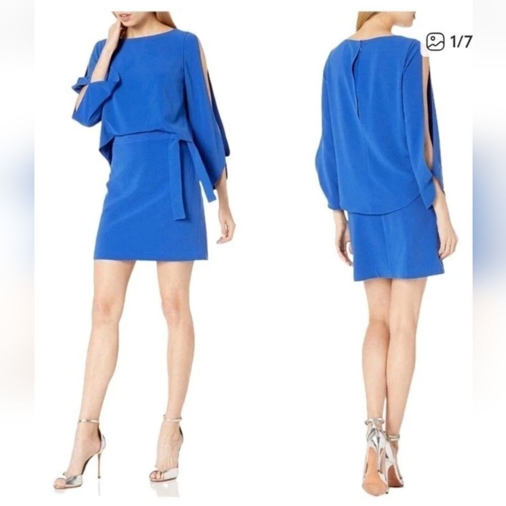 NWT Halston Evening "Blue Wave" Crepe Slit Sleeve Mini Dress Sz.4 Ret.$295